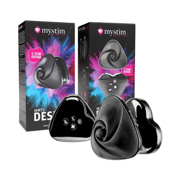 Mystim Hearts Desire eStim Lay On Vibrator Black with packaging and design details.