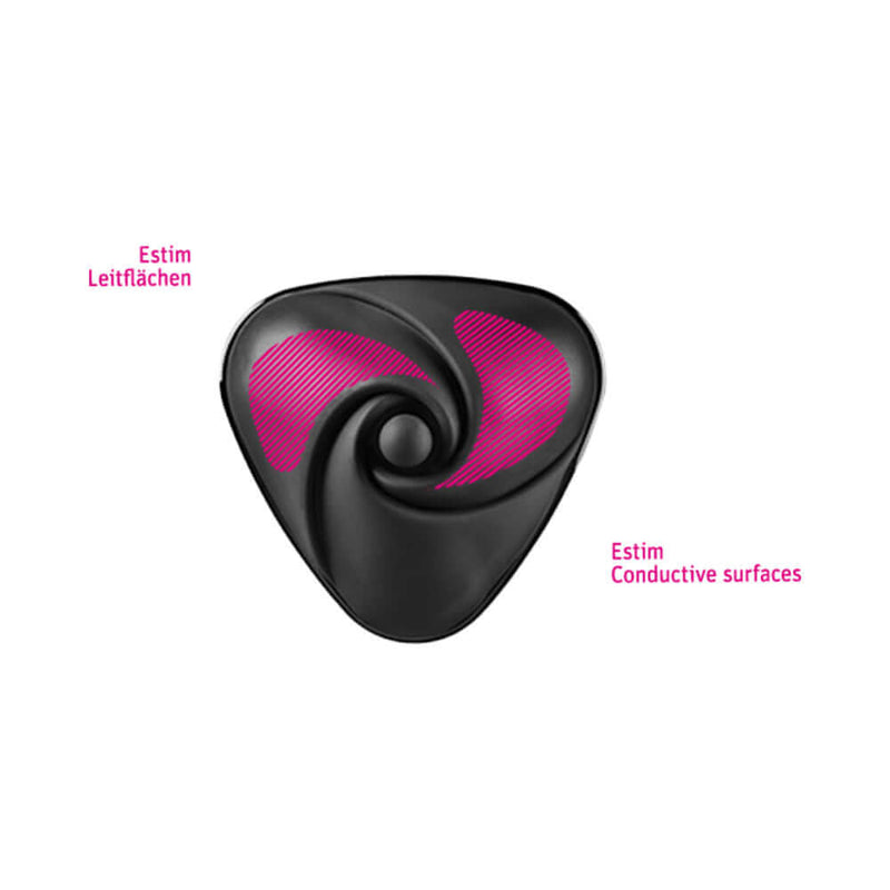 Mystim Hearts Desire eStim Lay On Vibrator Black with pink conductive surfaces showcasing electrostimulation features.