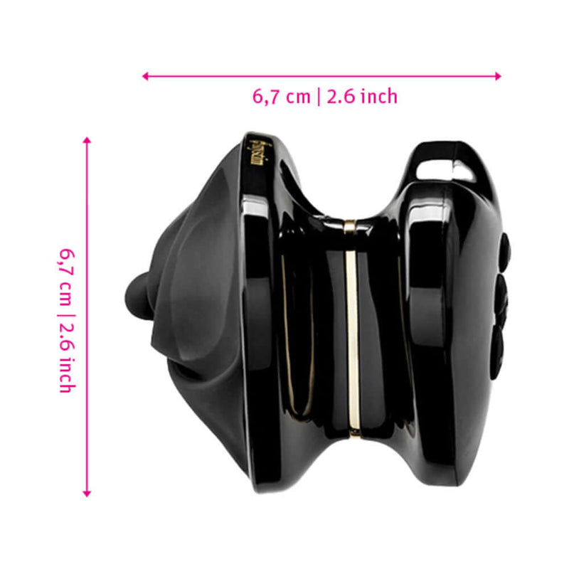 Mystim Hearts Desire eStim Lay On Vibrator Black side view showing compact design and dimensions of 6.7 cm x 2.6 inch.