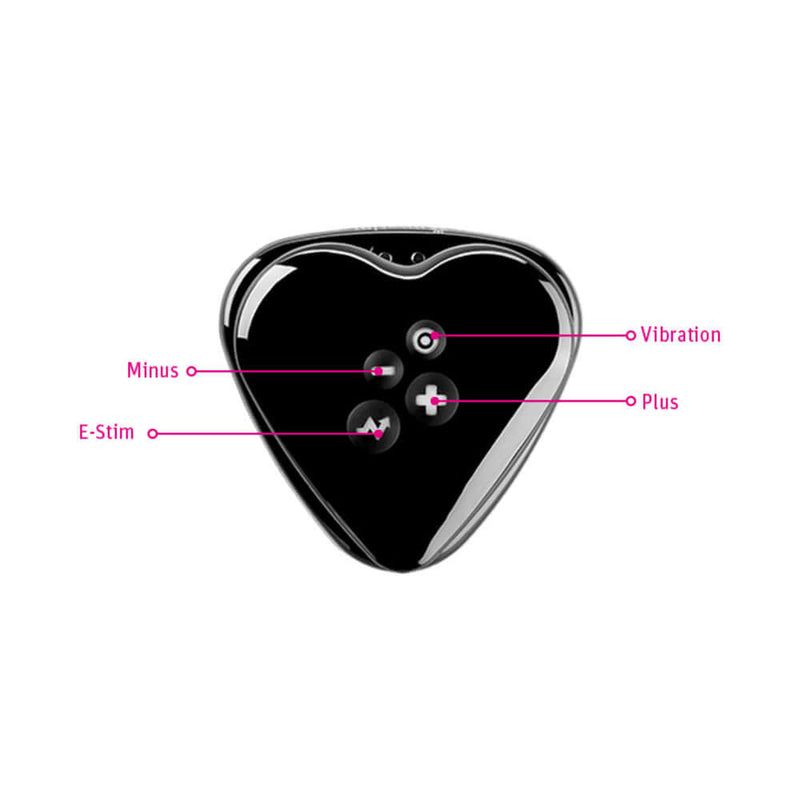 Mystim Hearts Desire eStim Lay On Vibrator Black showing control buttons for vibration and electrostimulation.