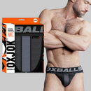 Oxballs Oxjok Airmesh Swagger Slider-strap Jock Tar Black S displayed with packaging on a model.