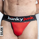 Oxballs Oxjok Hunker Comfy-pouch Slider-strap Jock Red Hot S displayed on a model showing the comfort fit and design.
