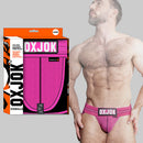 Oxballs Oxjok Slingjock Upthrust Slider-strap Jock Pink Sky packaging with model showcasing fit and design.