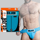 Oxballs Oxjok Slingjock Upthrust Slider-Strap Jock Pool 2XL packaging with model wearing it.