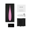 LELO DOT Travel Clitoral Pinpoint Vibrator Pink in its packaging with accessories and user guide.