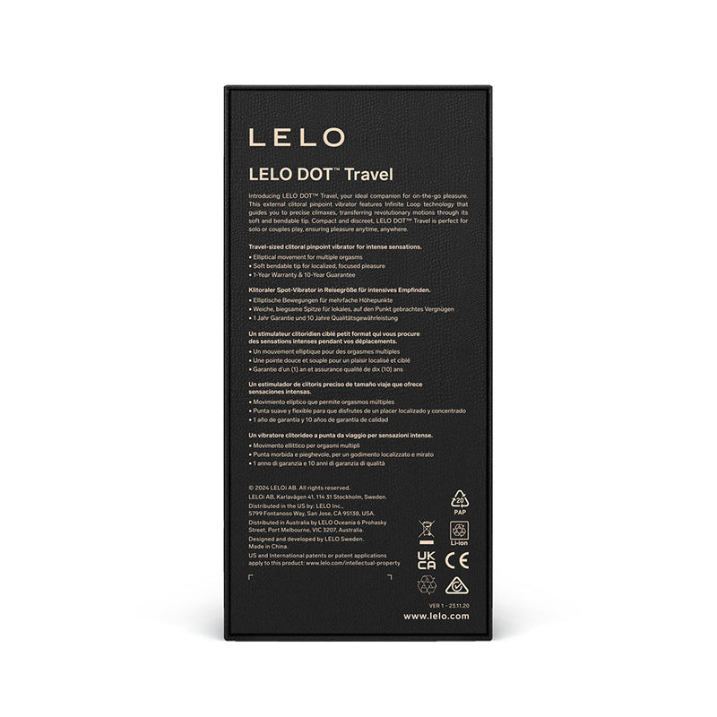 LELO DOT Travel Clitoral Pinpoint Vibrator Pink product packaging with instructions and features.