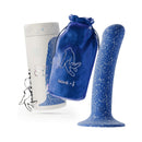 Biird Bae 5.9 inch Soft Silicone Dildo with Suction Cup Base next to packaging and storage bag.