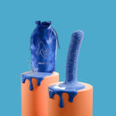 Biird Bae 5.9 inch Soft Silicone Dildo with Suction Cup Base displayed with a blue storage bag on a colorful background.