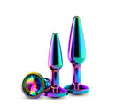 Rear Assets Tapered Trainer Chrome Plated Anal Plugs Kit 2 Pc with a shiny rainbow finish.