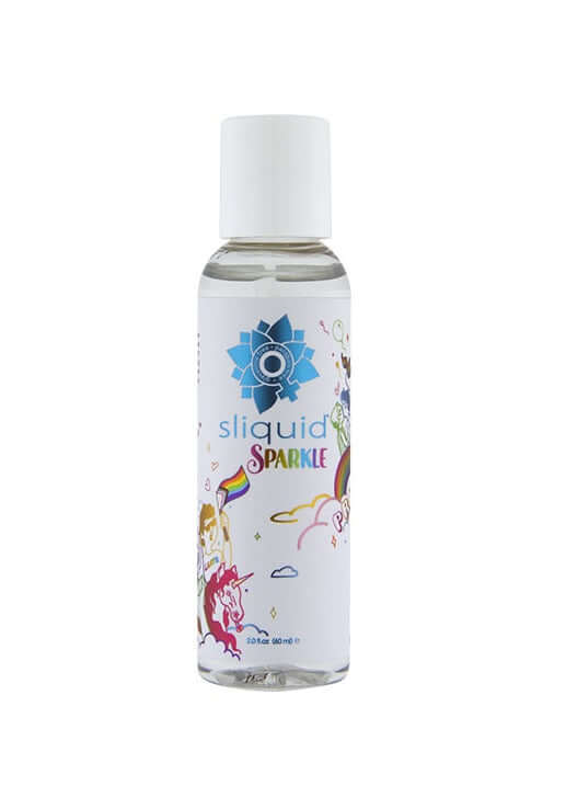 Sliquid Sparkle Pride Lube 2 oz bottle featuring colorful design and vegan, water-based formula.