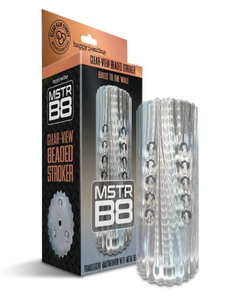 MSTR B8 Clear-View Beaded Stroker with 15 metal beads and packaging for unique solo play sensations.