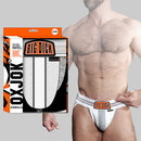 Oxballs Oxjok Bulger Pumper-sack Slider Jock White Snow S model wearing jockstrap with packaging