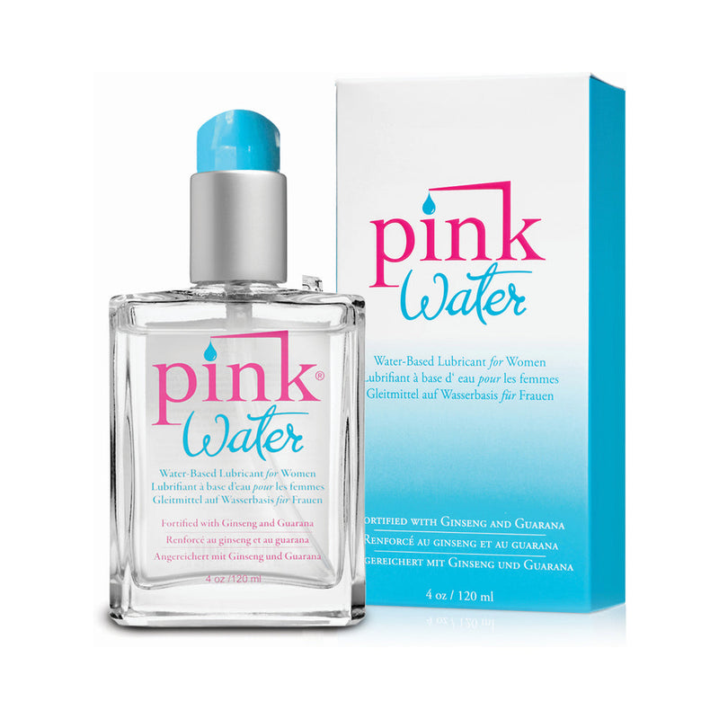 Pink Water Water Based Lubricant 4 Oz Glass Bottle displayed with packaging and dropper top.