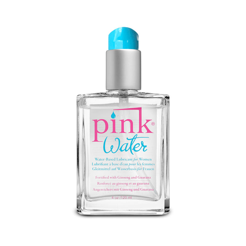 Pink Water Water Based Lubricant 4 Oz Glass Bottle with a clear design and light blue top.