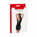 Me You Us Latex Fetish Wear Mini Dress Small packaging with model showcasing the latex mini dress design.