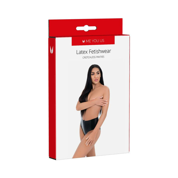 Me You Us Latex Crotchless Panties Large packaging featuring a model in latex panties.