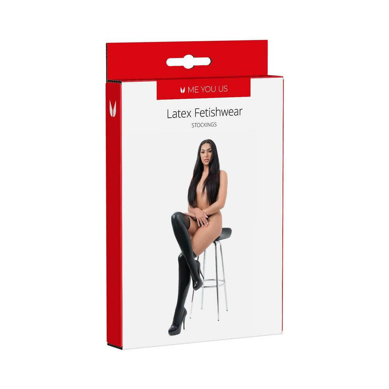 Me You Us Latex Fetish Wear Stockings Medium packaging featuring model in high-quality latex stockings.