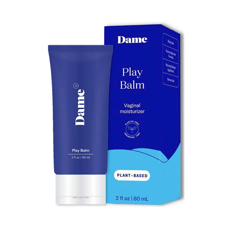 Dame Play Balm Vaginal Moisturizer 2 Oz in a blue tube with packaging, promoting hydration and comfort.