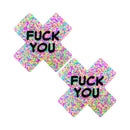 Neva Nude F*ck You Sprankles Neon Blacklight Nipple Pasties with a colorful sprinkle design and bold lettering.
