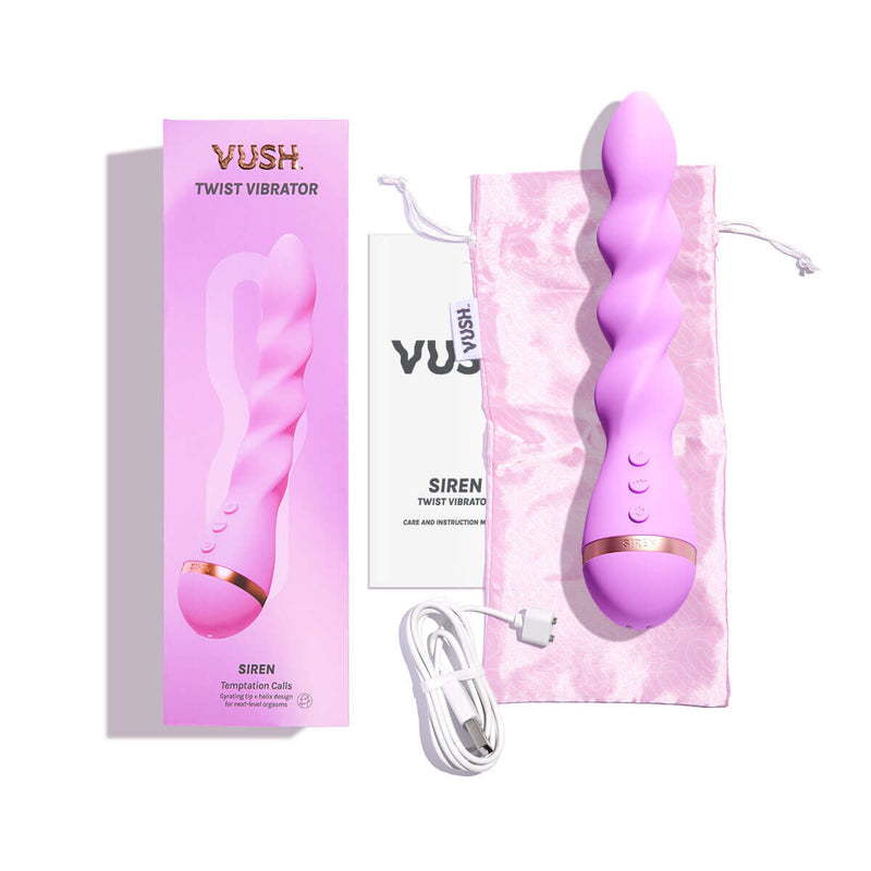 VUSH Siren Twist Vibrator with packaging and accessories including a USB charging cable.