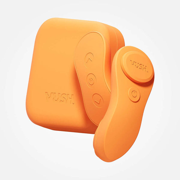 VUSH Luna Wearable Vibrator in vibrant orange color, showcasing its sleek design and control buttons for hands-free pleasure.