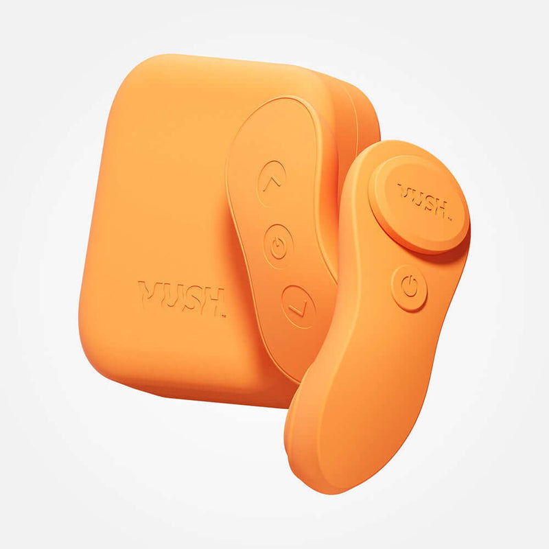 VUSH Luna Wearable Vibrator in vibrant orange color, showcasing its sleek design and control buttons for hands-free pleasure.