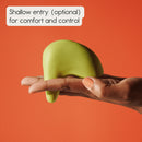OhNut Kiwi Vibrating Personal Massager Green held in hand emphasizing shallow entry for comfort and control.