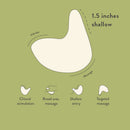 OhNut Kiwi Vibrating Personal Massager Green diagram showing clitoral stimulation, broad area massage, and shallow entry.