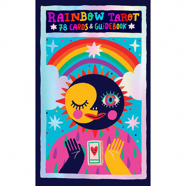 Vibrant artwork of Rainbow Tarot 78 Cards and Guidebook featuring colorful sun, moon, and rainbow elements.