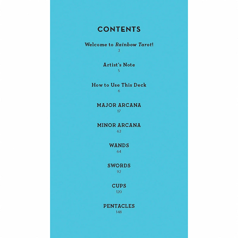 Contents page of Rainbow Tarot 78 Cards and Guidebook showing section titles and page numbers.