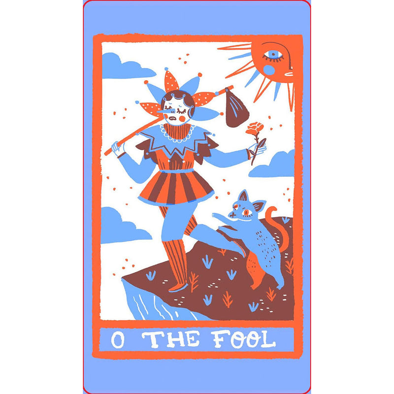 Rainbow Tarot 78 Cards and Guidebook illustration of The Fool tarot card featuring a jester and a fox.