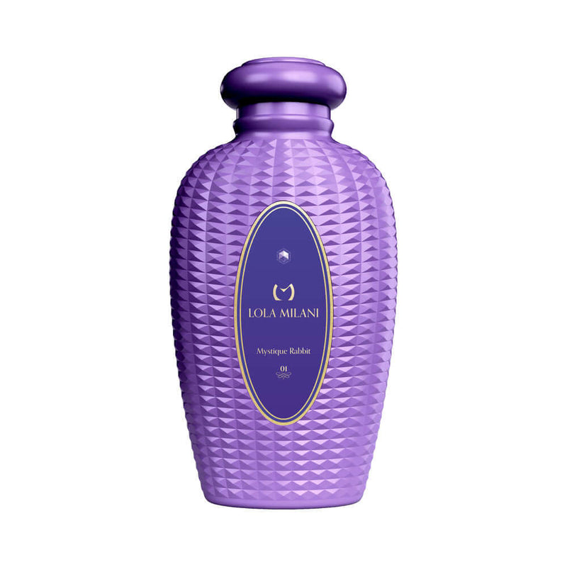 Bottle of Lola Milani Mystique Rabbit Lilac oil with elegant design and vibrant purple color.