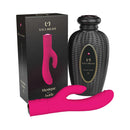 Lola Milani Mystique Rabbit Vibrator Fuchsia in packaging on display next to a black bottle.