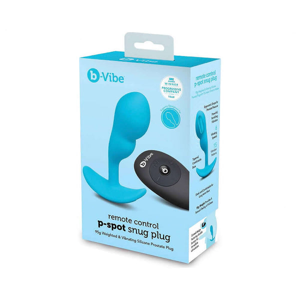 b-Vibe Vibrating P-Spot Snug Plug Small with Remote Control packaging and remote for prostate pleasure.