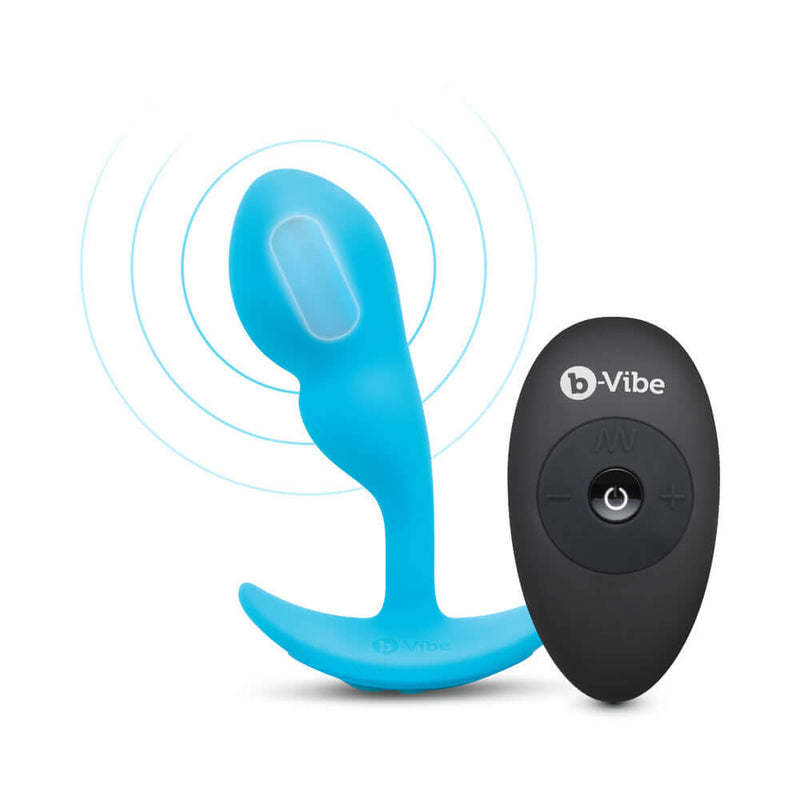 b-Vibe Vibrating P-Spot Snug Plug Small with Remote Control in blue color with remote included