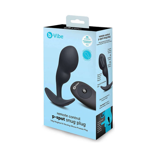 b-Vibe Vibrating P-Spot Snug Plug Large with Remote Control packaging showing design and features for prostate stimulation.