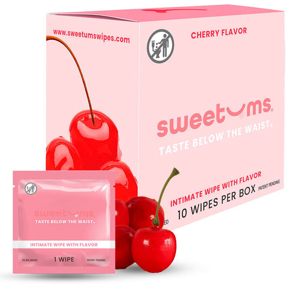Sweetums Intimate Wipes Cherry Flavor 10 Pack with cherry flavor and vibrant packaging, showcasing playful freshness.