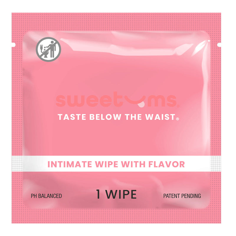 Sweetums Intimate Wipes Cherry Flavor 10 Pack single wipe packaging with playful design.