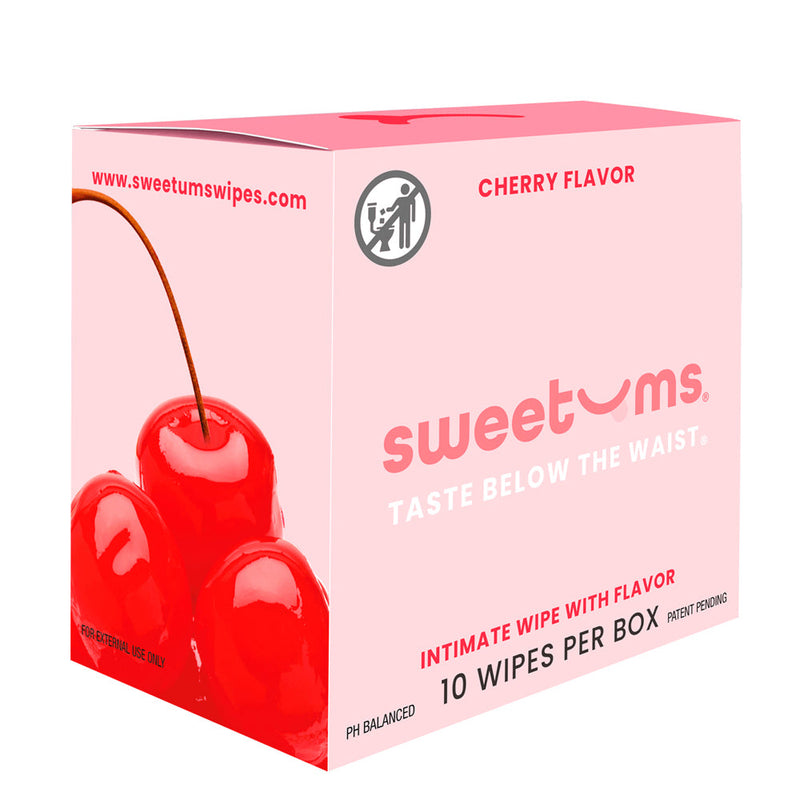 Sweetums Intimate Wipes Cherry Flavor 10 Pack box featuring cherry imagery and product details.