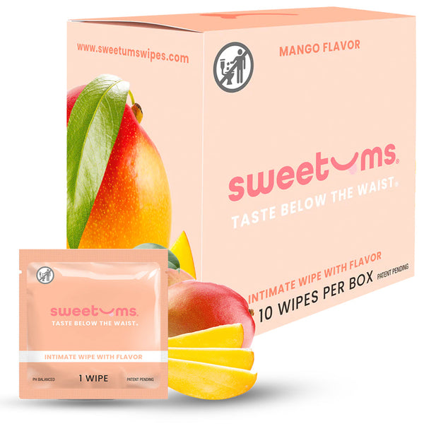 Sweetums Intimate Wipes Mango Flavor 10 Pack, featuring mango flavor wipes and packaging.