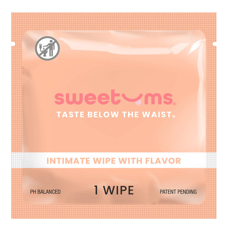Sweetums Intimate Wipes Mango Flavor 10 Pack packaging design with playful branding and product information.