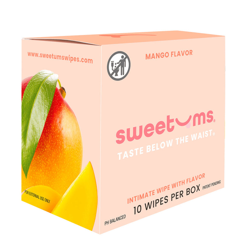 Sweetums Intimate Wipes Mango Flavor 10 Pack box showcasing mango flavor and design features.