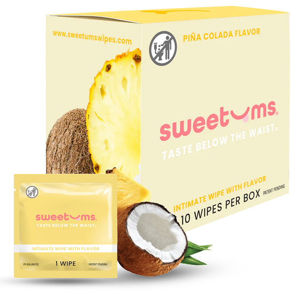 Sweetums Intimate Wipes Pina Colada Flavor 10 Pack box and wipes with pineapple and coconut background.