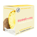 Sweetums Intimate Wipes Pina Colada Flavor 10 Pack box featuring pineapple and coconut imagery.