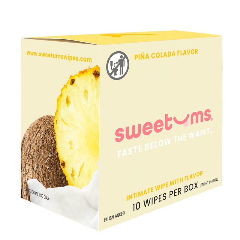Sweetums Intimate Wipes Pina Colada Flavor 10 Pack box featuring pineapple and coconut imagery.
