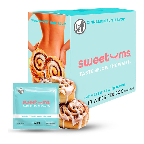 Sweetums Intimate Wipes Cinnamon Bun Flavor 10 Pack with cinnamon rolls and packaging, promoting fresh intimate care.