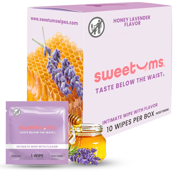 Sweetums Intimate Wipes Honey Lavender Flavor 10 Pack with honey, lavender, and intimate wipe packaging.