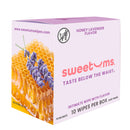 Sweetums Intimate Wipes Honey Lavender Flavor 10 Pack box featuring honeycomb and lavender design.