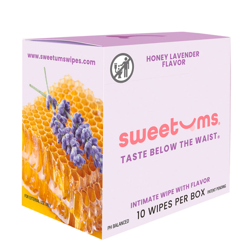 Sweetums Intimate Wipes Honey Lavender Flavor 10 Pack box featuring honeycomb and lavender design.