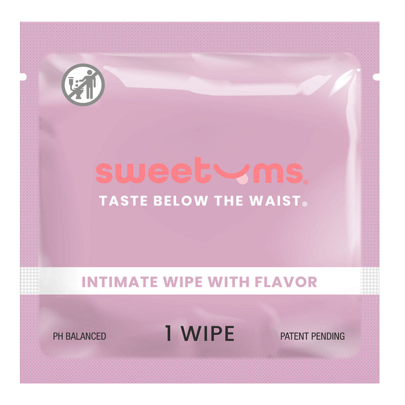 Sweetums Intimate Wipes Grape Flavor 10 Pack individual packet front view, ph balanced intimate wipe.